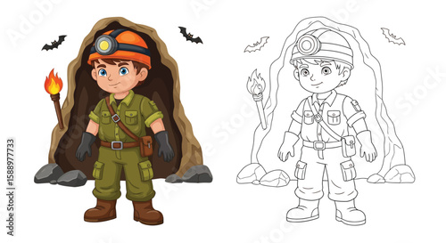Cave Explorer Boy Coloring Page with Both Vibrant Colored and Adventurous Outline Style