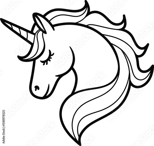 A playful outline illustration of a unicorn's head, showcasing a flowing mane and a majestic horn. This design is perfect for children's coloring books, crafts, or any creative project that embodies t