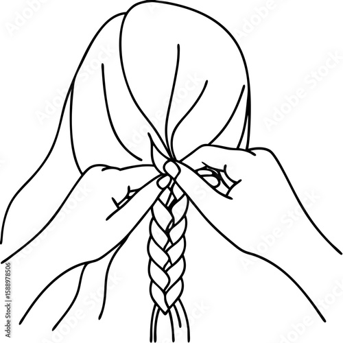 Line art shows person braiding someone's hair. Woman braids hair, creating intricate plait, shows detail and care in hairstyling. The action of person braiding someone's hair is captured with skill.