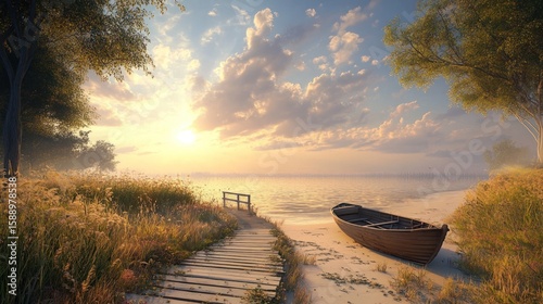 Serene Lakeside Sunset: Wooden Boat, Pier, and Golden Hour Landscape.