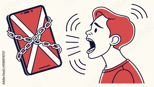 Frustrated man shouting at a chained and crossed out smartphone symbolizing digital detox and phone addiction