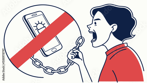 Woman shouting at a phone with a prohibition sign connected by a chain to her hand in illustration
