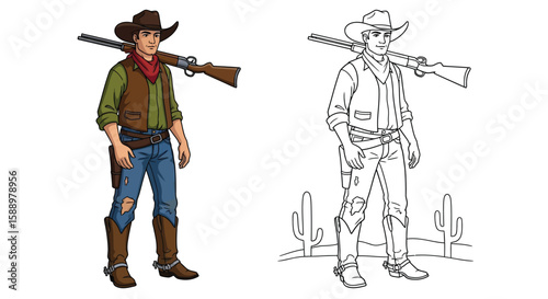 Cowboy Standing with Rifle Across Shoulder Coloring Page for Rugged Western Scenes