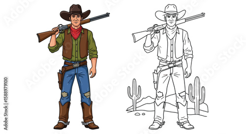 Cowboy Standing with Rifle Across Shoulder Coloring Sheet Iconic Western Hero Art