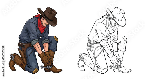 Cowboy on One Knee Adjusting Boot Spur Coloring Page for Detailed Western Artistry