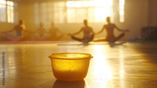 Golden Hour Yoga: A Solitary Yellow Container in the Glow of a Serene Yoga Session