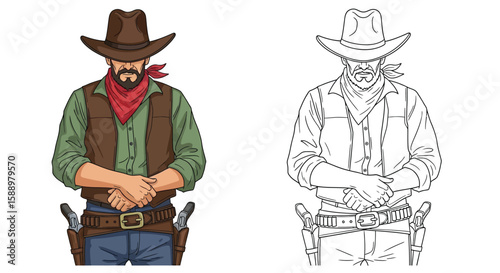 Cowboy with Bandana and Dual Holsters Coloring Sheet Iconic Western Hero Look