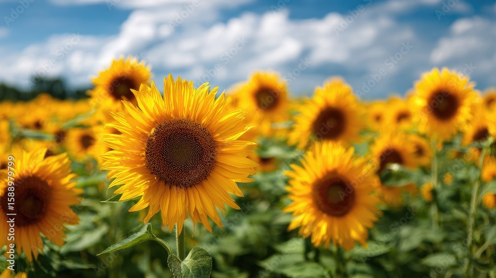 Fototapeta premium Sunny sunflower field, bright yellow blooms
