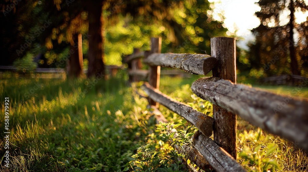 Fototapeta premium A rustic wooden fence stretches through a sunlit, grassy area with trees in the background, capturing the warmth of a peaceful natural setting.