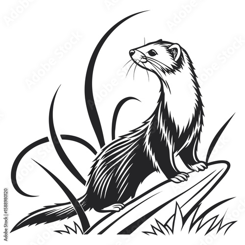 A ferret stands alertly in tall grass