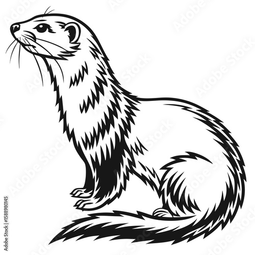 A ferret sits attentively on a rock