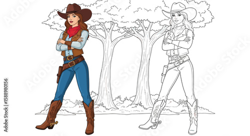 Cowgirl Leaning Against Tree Pose Coloring Sheet Serene Western Outdoor Art