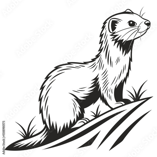 A ferret stands on a rock in tall grass
