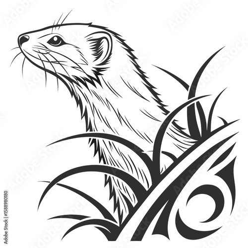 A ferret peeks out from tall grass