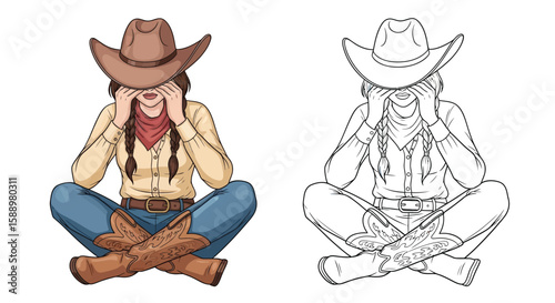 Cowgirl Sitting Cross Legged Hat Down Coloring Page for Peaceful Western Reflection