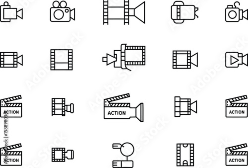Movie Slate,Film Reel,Camera Icons Set in Outline Style on Transparent Background