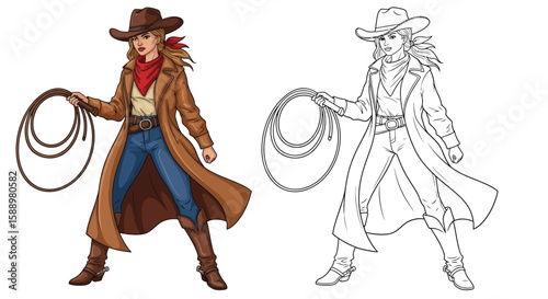 Cowgirl with Flowing Duster Whip in Hand Coloring Sheet Powerful Western Heroine Art