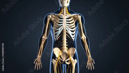 3D anatomical model of the human upper body, highlighting the skeletal and nervous systems