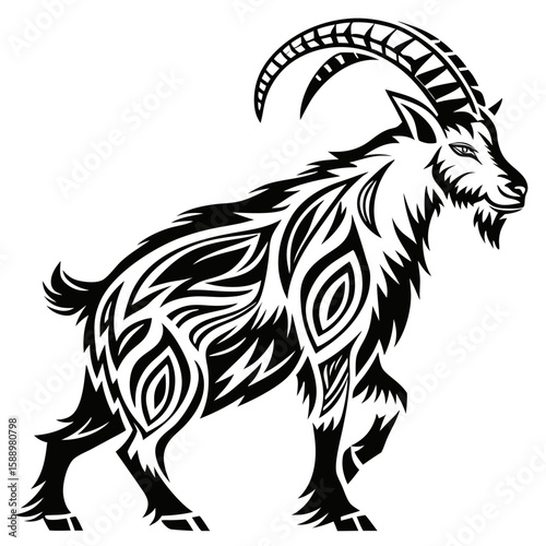 Stylized goat with tribal patterns and horns