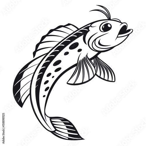 A black and white illustration of a koi fish isolated on white