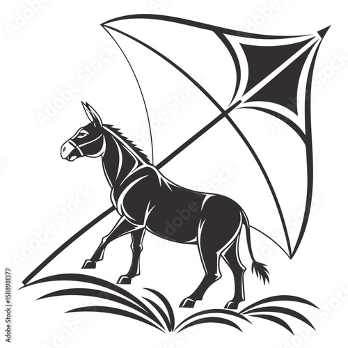 A donkey stands under a large umbrella in the grass