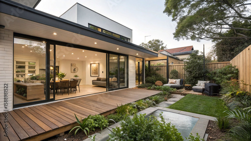 Contemporary home design features a seamless transition from indoor dining to outdoor patio  garden and pond area.