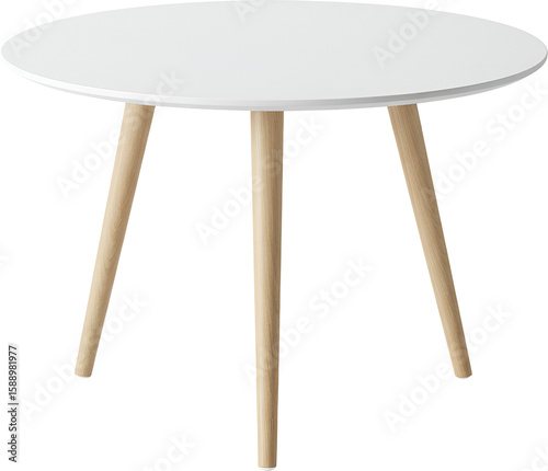A white, round, modern coffee table with three light-colored wooden legs, isolated on a white background.