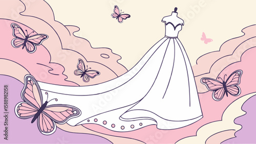 Elegant wedding dress with butterfly accents vector illustration for bridal fashion and design projects