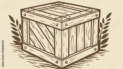 Vintage wooden crate vector illustration for storage and shipping with rustic farm house decor element, 100 char