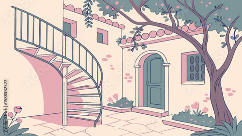 Mediterranean courtyard scene with spiral staircase and flowering tree vector illustration design art