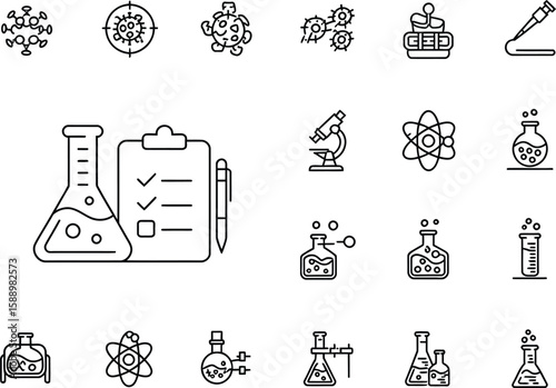 Science Outline Icons Set with Checklist, Beaker and Microscope isolated on White