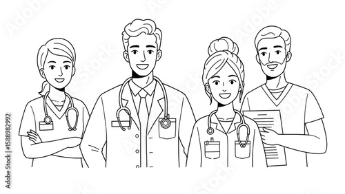 Smiling Medical Team Line Art Illustration of Diverse Healthcare Professionals