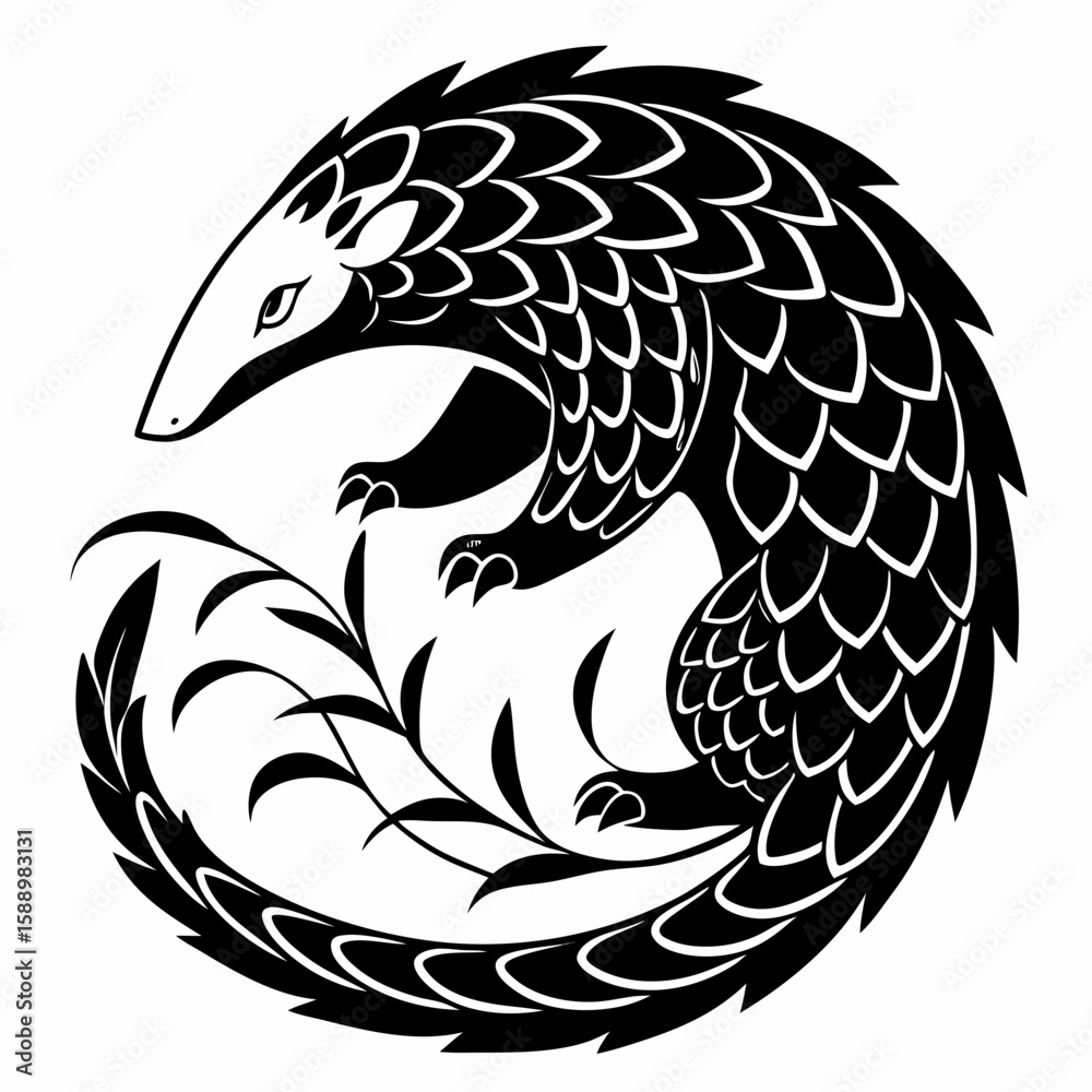 Fototapeta premium A pangolin curled up with a plant