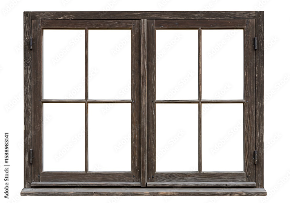 Rustic dark wood double casement window with six panes isolated on white background Rustic dark wood double casement window with six panes isolated on white background