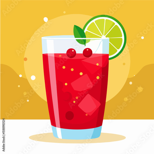 Stylized vector illustration of a cranberry juice cocktail with ice, a lime slice, and cranberries against a warm golden-yellow background.