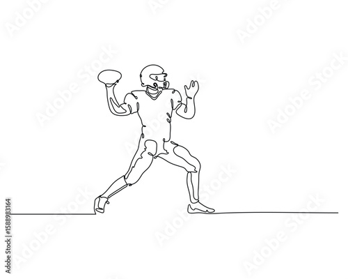 Minimalist one line drawing of a quarterback preparing to throw the football. Continuous line artwork for vector illustrations, posters, and sports-themed designs.