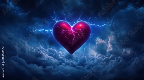 Electrifying Heart with Lightning in Stormy Sky Background