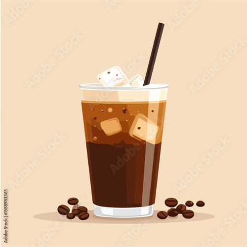 Illustrated iced coffee with ice cubes and straw on a light brown background, coffee beans around the glass, perfect for summer refreshment and cool cafe vibes.