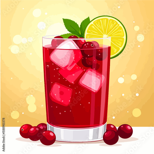 Refreshing cranberry cocktail illustration with ice, a lime slice, and mint, set against a golden background for a vibrant and inviting feel.