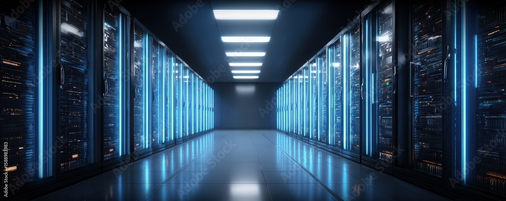 Fototapeta premium A futuristic data center corridor with rows of illuminated server racks under bright ceiling lights.