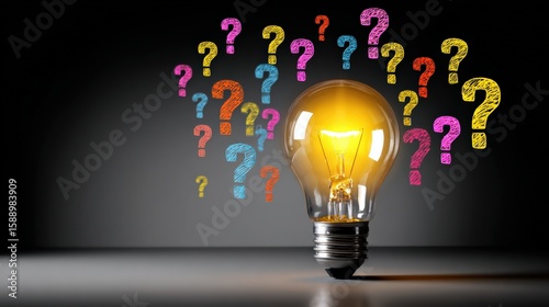 A glowing light bulb surrounded by colorful question marks on a dark background, symbolizing ideas, creativity, and problem-solving.