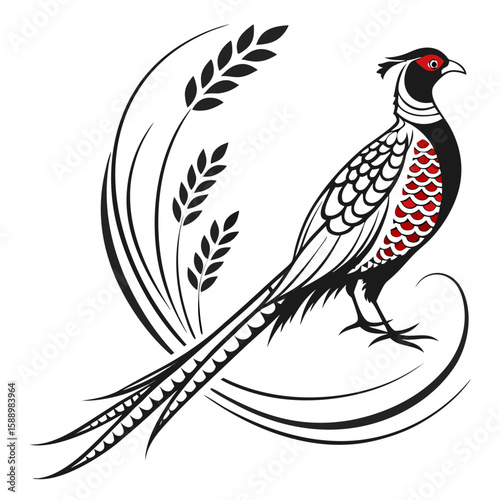 A pheasant with red accents and decorative wheat stalks
