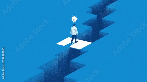A person with a lightbulb head stands at the edge of a deep fissure, contemplating crossing a narrow bridge on a blue background.