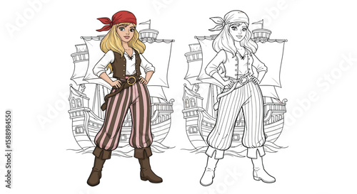 Pirate Adventure Girl Coloring Page with Vibrant Colored and Detailed Outline Style for Kids