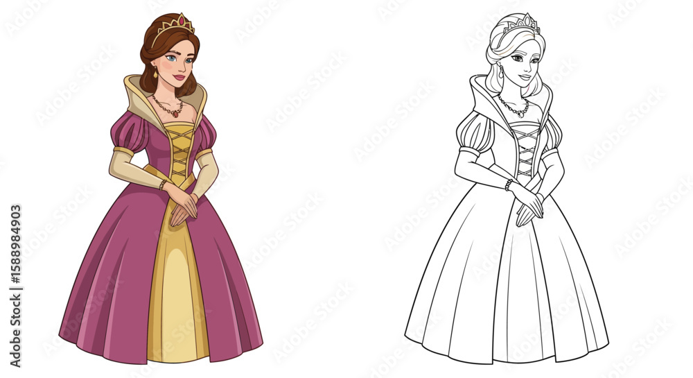 Fototapeta premium Princess Badroulbadour Coloring Page Featuring Vibrant Colored and Simple Outline Figures