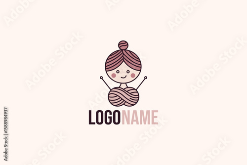 A heartwarming logo featuring a kindly granny surrounded by or interacting with colorful knitting balls and needles. Conveys warmth, tradition, craftsmanship, comfort, and handmade charm.

