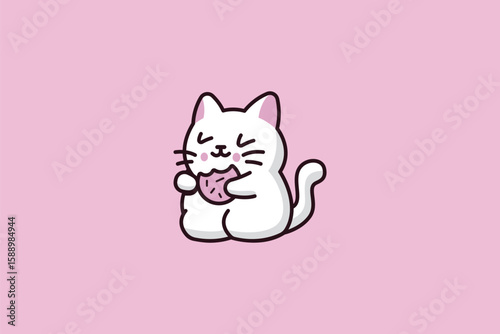 A charming, whimsical logo featuring a cute cat gently holding or nibbling a delicious cookie. Conveys warmth, comfort, coziness, and a touch of playful indulgence, perfect for cafes or bakeries.