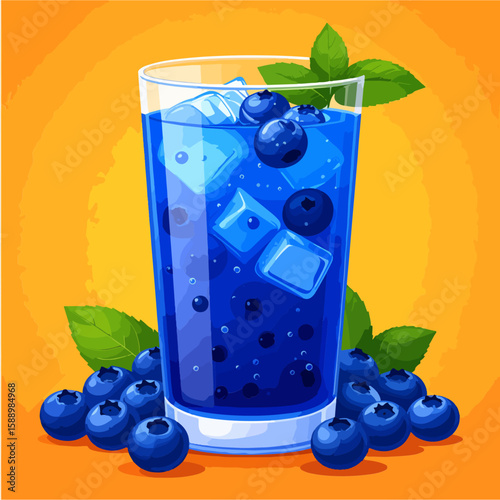 Refreshing blueberry drink with ice and mint, artistically rendered, perfect for summer themes and beverage promotions on a vibrant yellow background.