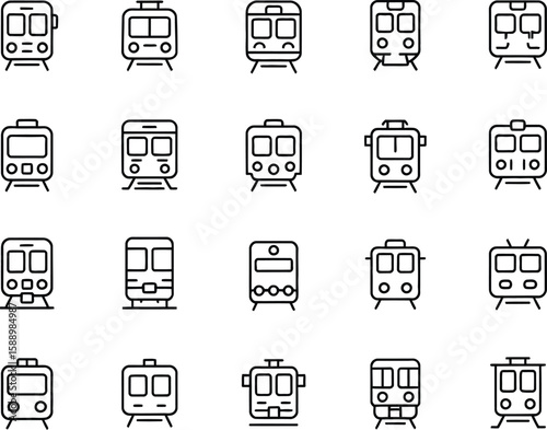Train Icons Set, Public Transport Outline, Modern Subway Rail, Transparent Design