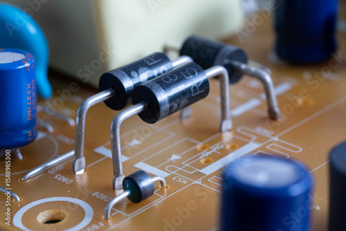 Close up of electronic components, diodes on printed circuit board